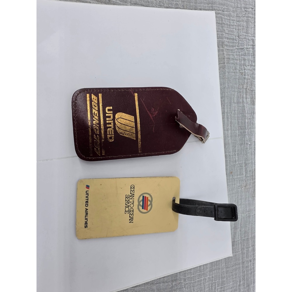 Vintage United Airlines Luggage Tag Set Boeing 767 Leather Ocean to Ocean